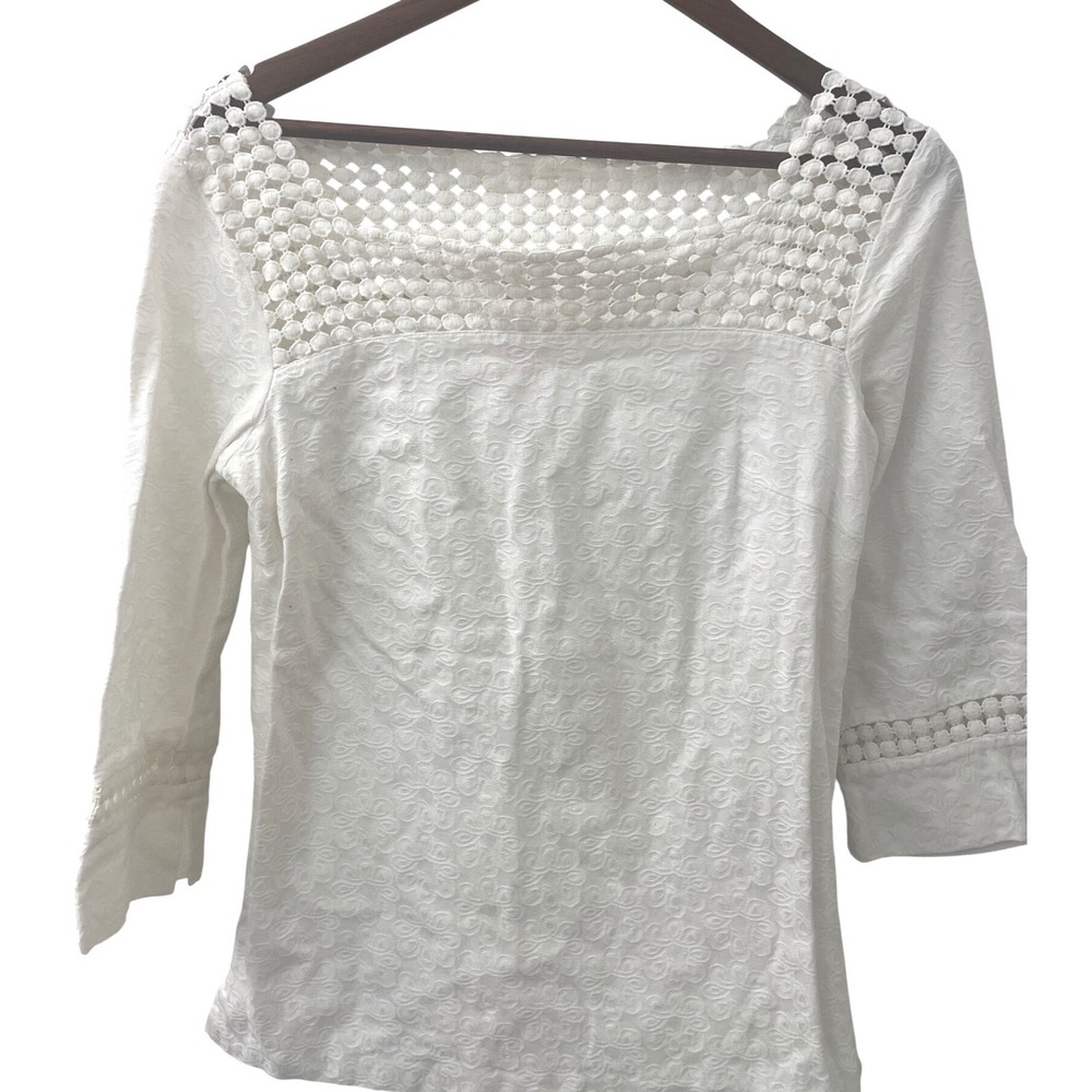 Lilly Pulitzer White Square Neck Crochet Trim 3/4 Sleeve Top Shirt Size 4 Resort